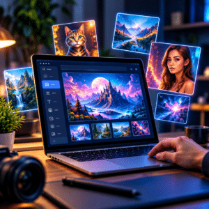 AI image generation software creating digital artwork on a laptop