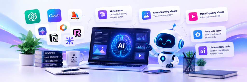 Professionals discussing AI writing, image generation, video creation, and productivity tools with an AI assistant