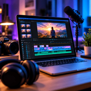 AI video editing workspace with timeline and creative media tools