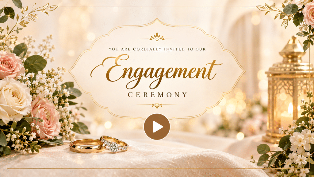Elegant engagement invitation video design with gold floral decorations