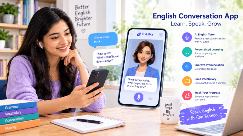 English conversation app with an AI virtual tutor helping a learner practise English